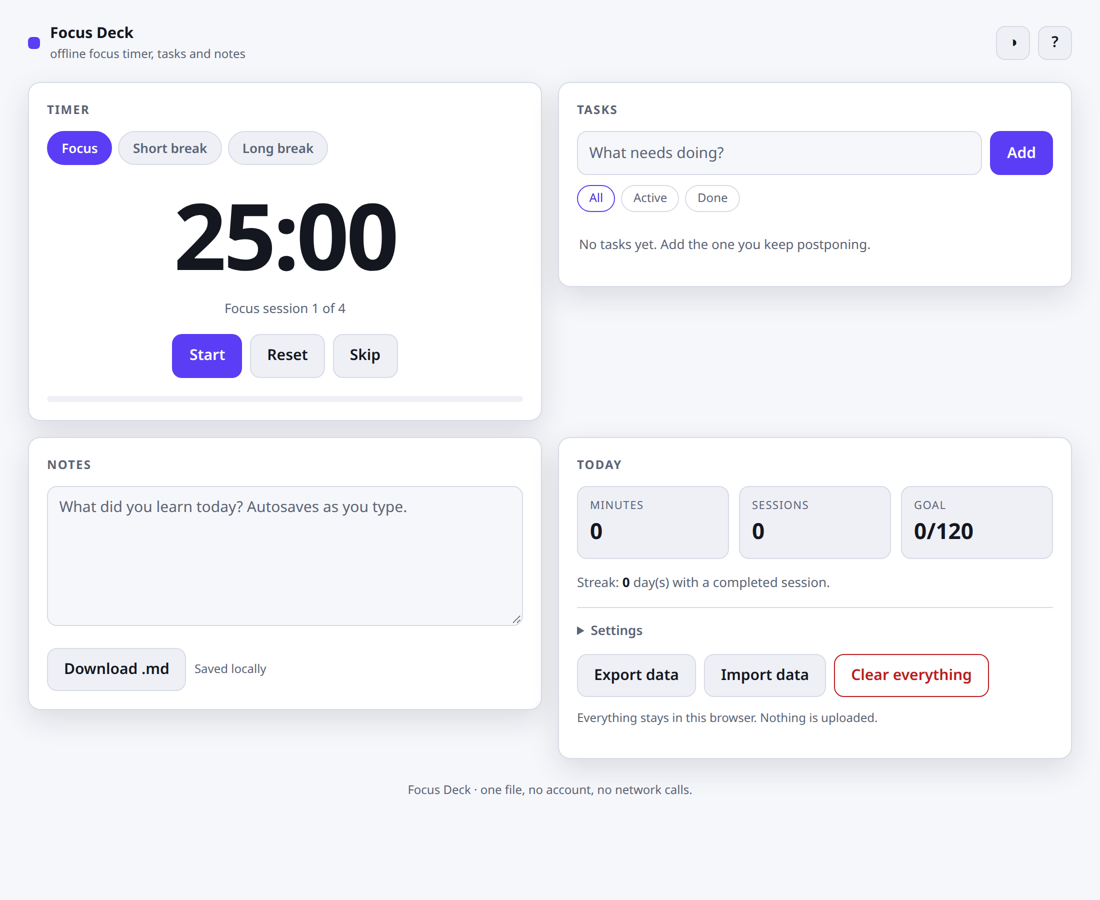 Focus Deck - offline focus timer and task list preview 3